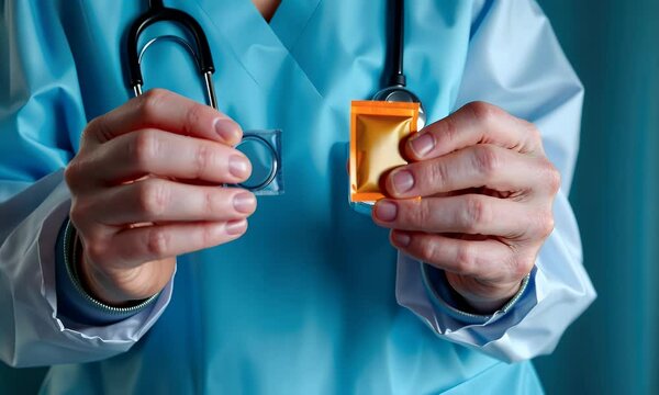 Doctor Holding Condoms with Copy Space