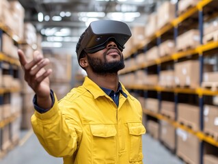 A warehouse worker using an augmented reality (AR) headset to navigate inventory