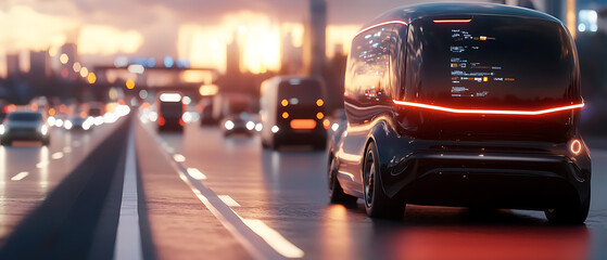 Fototapeta premium Hightech autonomous freight trucks cruising at sunset on urban highways futuristic transport environment in cityscape