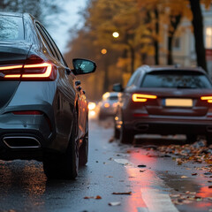 rainy autumn street scene with cars driving through wet roads, reflecting city lights. The backlights of the vehicles glow in the dim evening atmosphere, with fallen leaves scattered on the street
