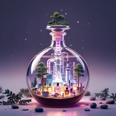 Magical City Inside a Glass Bottle with Lush Greenery"