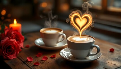 Fototapeta premium Valentine's Day coffee and roses set on a table in a cozy cafe, creating a romantic atmosphere for couples