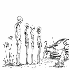 "Humorous Alien Encounter by a Vintage Car"