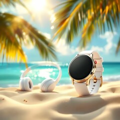 "Luxury Smartwatch and Headphones on Tropical Beach"