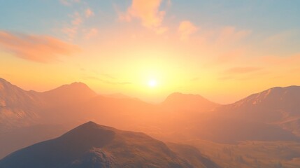 Obraz premium Golden sunset over hazy mountain range.