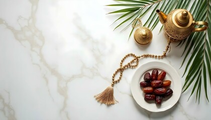 Modern teapot with dates on a marble background, reflecting minimalist design for Ramadan and Eid al-Fitr decor