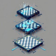 "Futuristic 3D Chess Board with Digital Elements"
