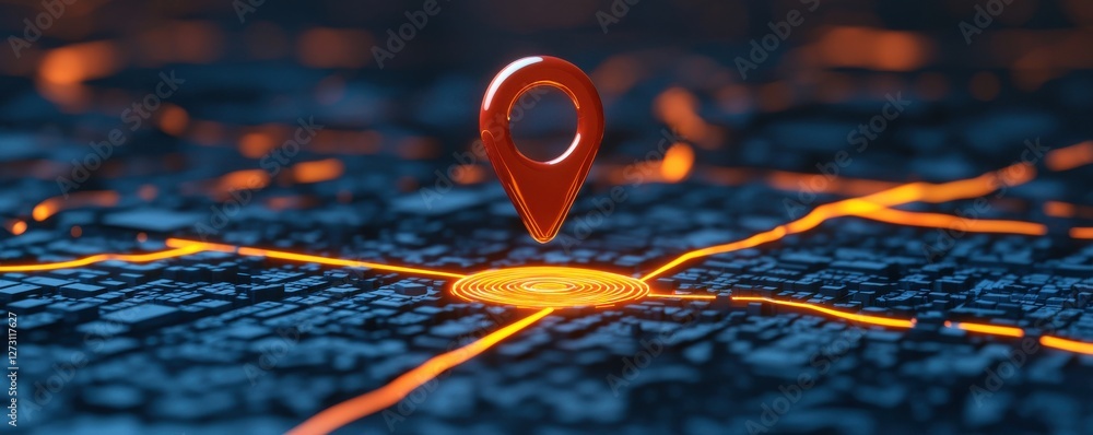 Poster 3d rendering of location pin on abstract geometric map with neon orange highlights and dark backgrou