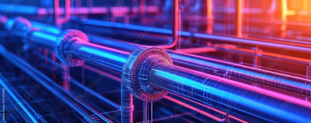 Poster futuristic industrial pipeline network with neon lighting and high-tech design elements