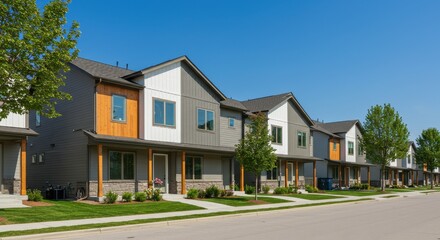 Homes with modern architecture line the street, showcasing vibrant landscaping and clear skies