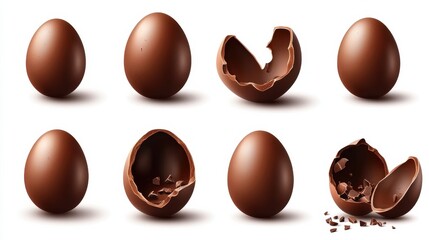Chocolate eggs set. Isolated whole, broken, exploded, cracked and open brown eggs collection. Realistic sweet chocolate candy dessert icons. Vector Easter holiday celebration concept