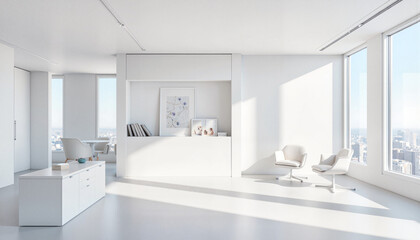 Fototapeta premium Modern luxury office interior with sleek white furniture, minimalist design
