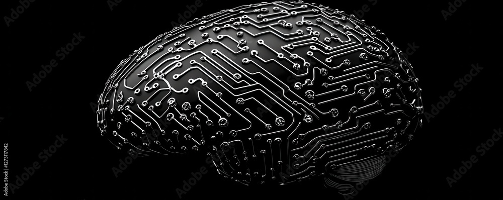 Poster futuristic concept of a brain merged with technology and circuitry on a black background