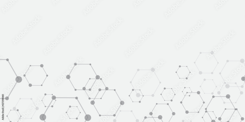 Poster Molecular structure abstract tech background. Geometric white background. Vector banner design with hexagons. Science network pattern, connecting lines and dots Medical background, Vector illustration