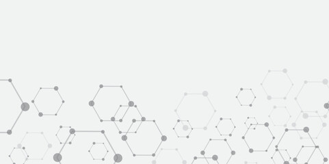 Fototapeta premium Molecular structure abstract tech background. Geometric white background. Vector banner design with hexagons. Science network pattern, connecting lines and dots Medical background, Vector illustration