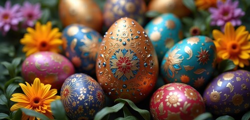 Fototapeta premium Beautifully decorated Easter eggs surrounded by vibrant flowers, perfect for seasonal celebrations, cards, and festive decorations.
