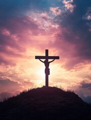 crucifixion, religion and christianity concept - silhouette of cross on calvary hill over sky background