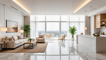 Fototapeta premium Modern hotel lobby with bright natural light and stylish furniture, luxury aesthetic