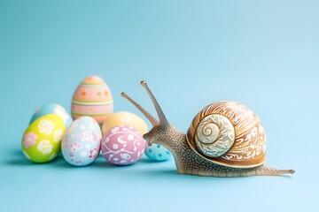Whimsical Easter Snail with Decorated Shell . Playful Springtime Scene . The Background is in Pastel Blue with Copy Space.