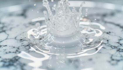Crystal-clear water splashing on glossy marble surface, serene beauty