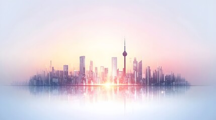 Fototapeta premium Futuristic city skyline at sunset urban landscape digital art neon lights high-rise buildings