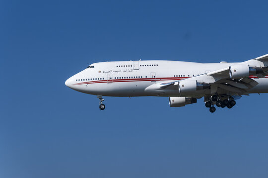 Geneva, Switzerland - january 16, 2025 : sign and logo on an Dubai Royal Air Wing c 747-400 landing at geneva airport