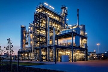 Obraz premium Petrochemical pipeline framework outlined against a deepening twilight sky
