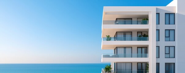 Modern beachfront apartment building with glass balconies and clear blue sky above the ocean view