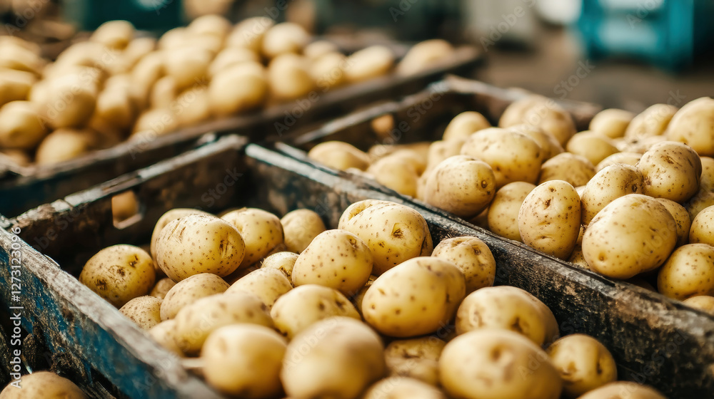 Poster potatoes moving along a conveyor belt in a rustic factory setting captured in natural light with art