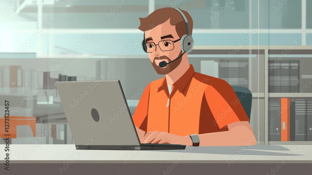 Poster Man in Headset Working on Laptop while Using Phone in Office Space