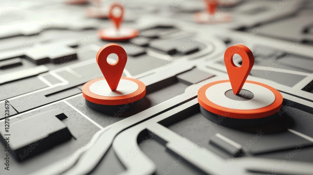 Poster 3d illustration of map with location pins highlighting various destinations and navigation paths