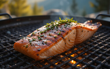 Grilled salmon fillet garnished with herbs cooking over an open flame on a barbecue grill