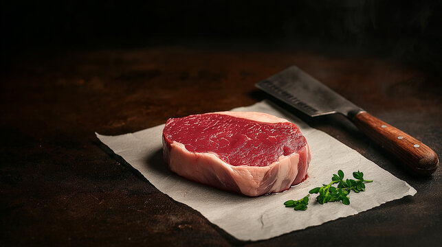 Ossobuco beef meat resting on butcherâs paper, slightly wet from its freshness. The composition is enhanced by a rustic cleaver lying beside it, evoking a traditional meat preparat