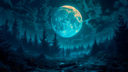 Fototapeta premium A surreal night landscape with a giant glowing blue moon illuminating a dense forest of evergreen trees under a starry sky.