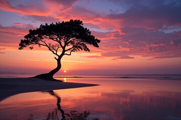 Fototapeta premium Serene Sunset Landscape Solitary Tree Silhouette at Ocean s Edge