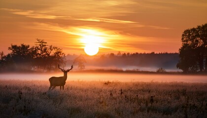 Naklejka premium Sunrise over misty fields with a deer