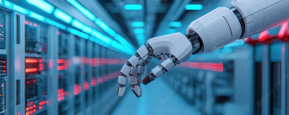 Poster futuristic robotic hand reaching towards server racks in a modern data center with neon lights