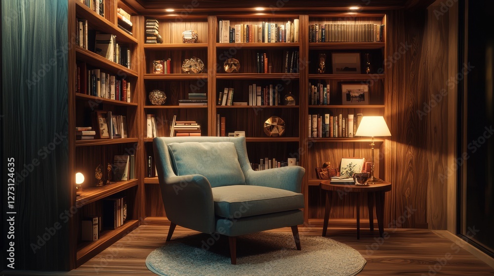 Poster an inviting and cozy reading corner with a comfortable armchair and a large bookshelf filled with bo