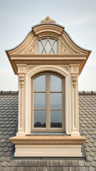 Obraz premium Detailed Beige Dormer Window with Arched Top on Slate Roof