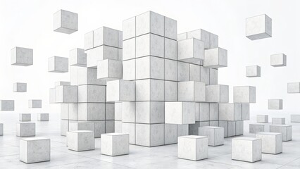 Fototapeta premium Abstract Concrete Cube Composition 3D Render of Floating and Grounded Blocks, Architecture, Design Abstract, 3D render, cubes