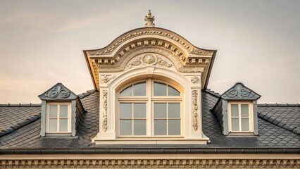 Detailed Dormer Window with Ornate Pediment Against Slate Roof
