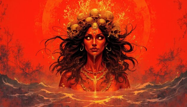 Goddess Kali Emerging from the Ocean with a Fiery Aura