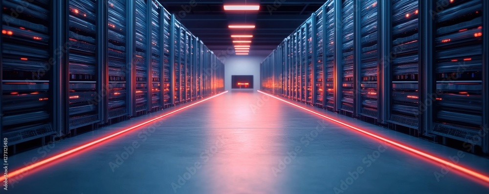 Poster futuristic data center with rows of servers and neon lighting in dark environment