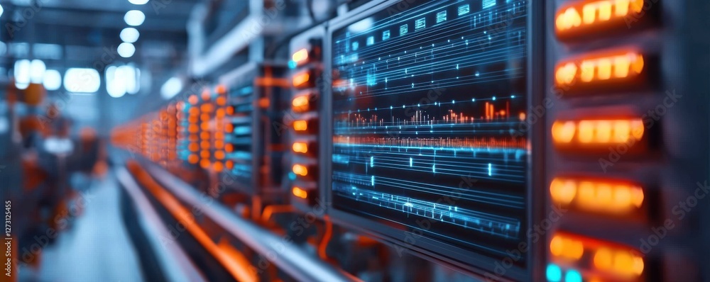 Poster high-tech control room with glowing monitors displaying data and graphs, modern industrial backgroun