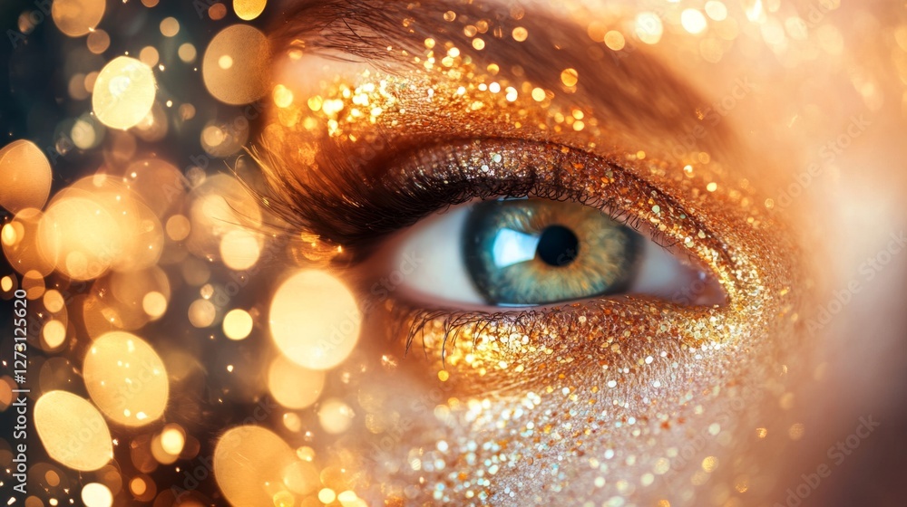 Poster mesmerizing close-up of eye with shimmering golden bokeh effect