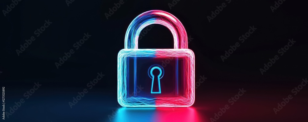 Poster digital lock concept with neon light effect and dark background for security and protection themes