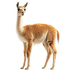 Fototapeta premium Angled view full body shot of extremely perfect looking single Vicuña animal isolated on a white background with sharp focus and well lit