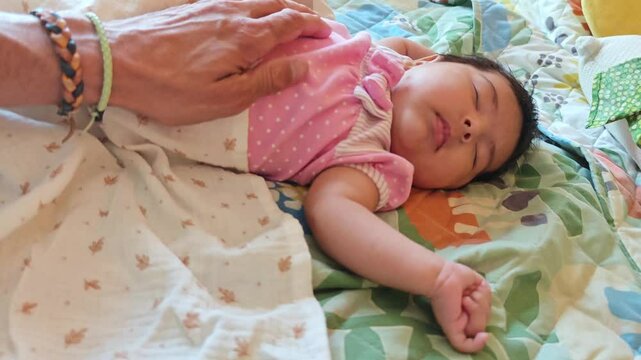 Father's hand caresses and wakes up Asian baby who stretches out her arms moans, yawns and falls asleep. Adorable baby with big cheeks recorded in slow motion.