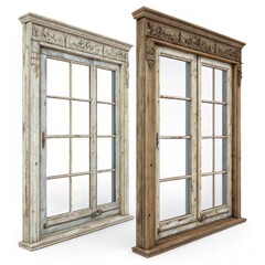 Double Antique Window Frames Ornate Carved Wood, Rustic Design, 3D Render, Window Design, Architectural Detail Antique Window, Window Frame