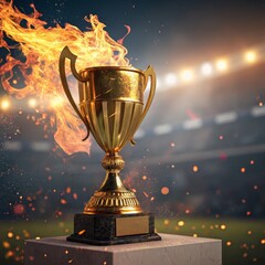 Fiery Golden Trophy Stadium Setting, 3D Render, Championship Concept, victory, award trophy, championship